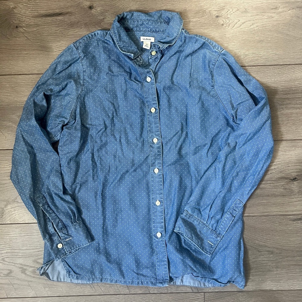 LL Bean Womens Medium Regular Blue Tencel Button Down Long Sleeve Polka Dots